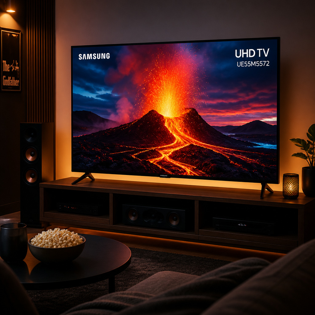 Vygeneruj Samsung UE55M5572 v atmosféře domácího kina. Na televizi zobraz nějaké živé barvy typu živá sopka nebo les, kde vynikne obraz.